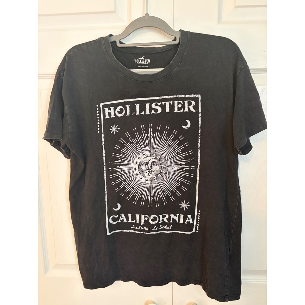 Hollister Mens Celestial Sun Moon Graphic T-Shirt Black La Lune Le Soleil Small